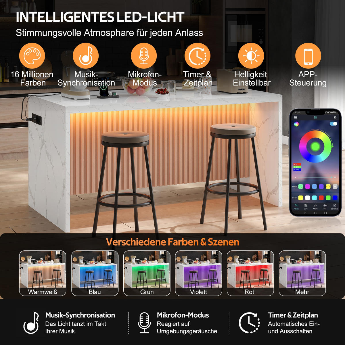 KÜCHENINSEL 155/80/90 cm Weiß mit LED-Leuchten, 2 Steckdosen und 2 USB-Anschlüsse - Weiß, Holz/Holzwerkstoff (80/90/155cm) - Oxeza