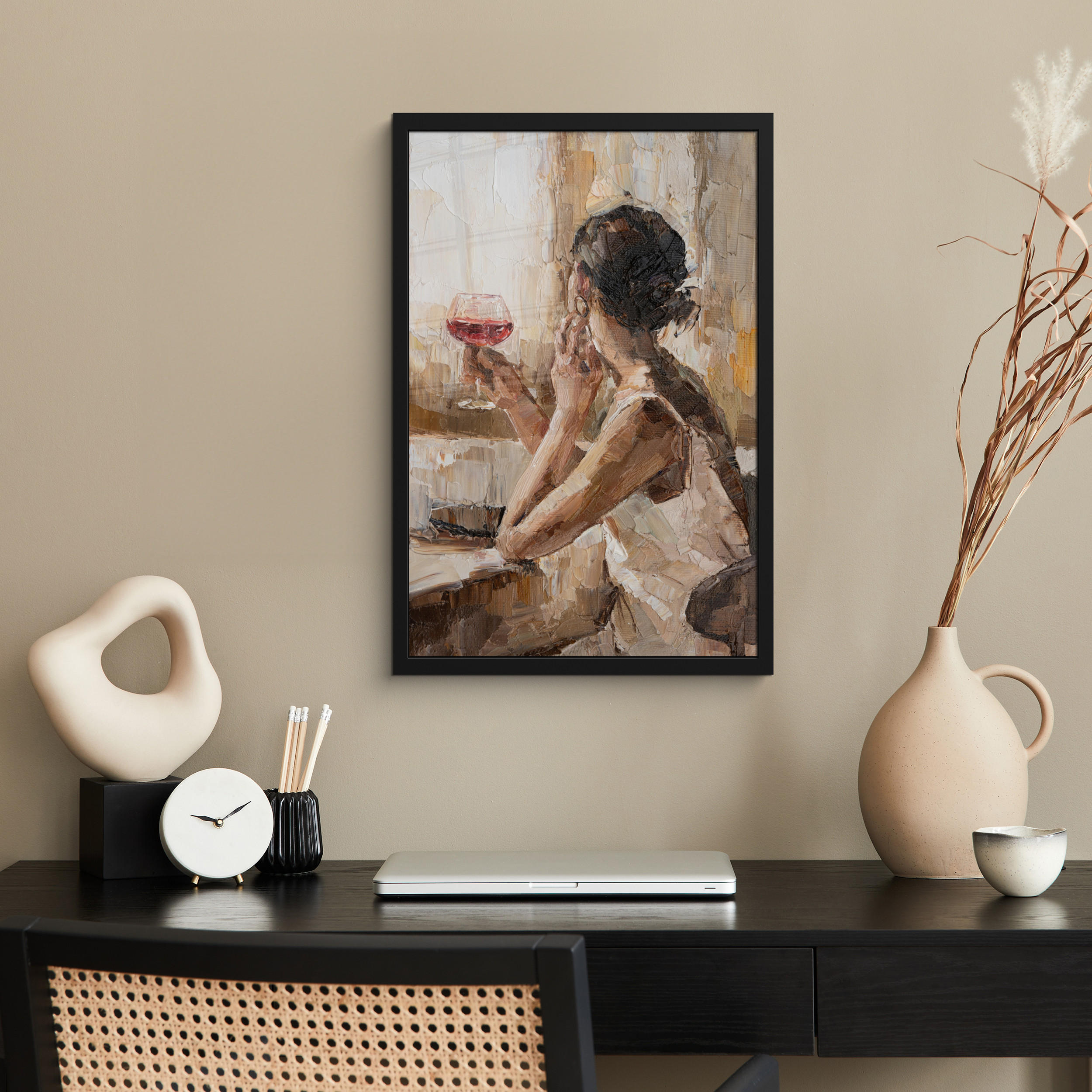 GERAHMTES BILD Ölgemälde - Frau - Wein 40x60 cm - Hellbraun, Papier (40/60cm) - MuchoWow