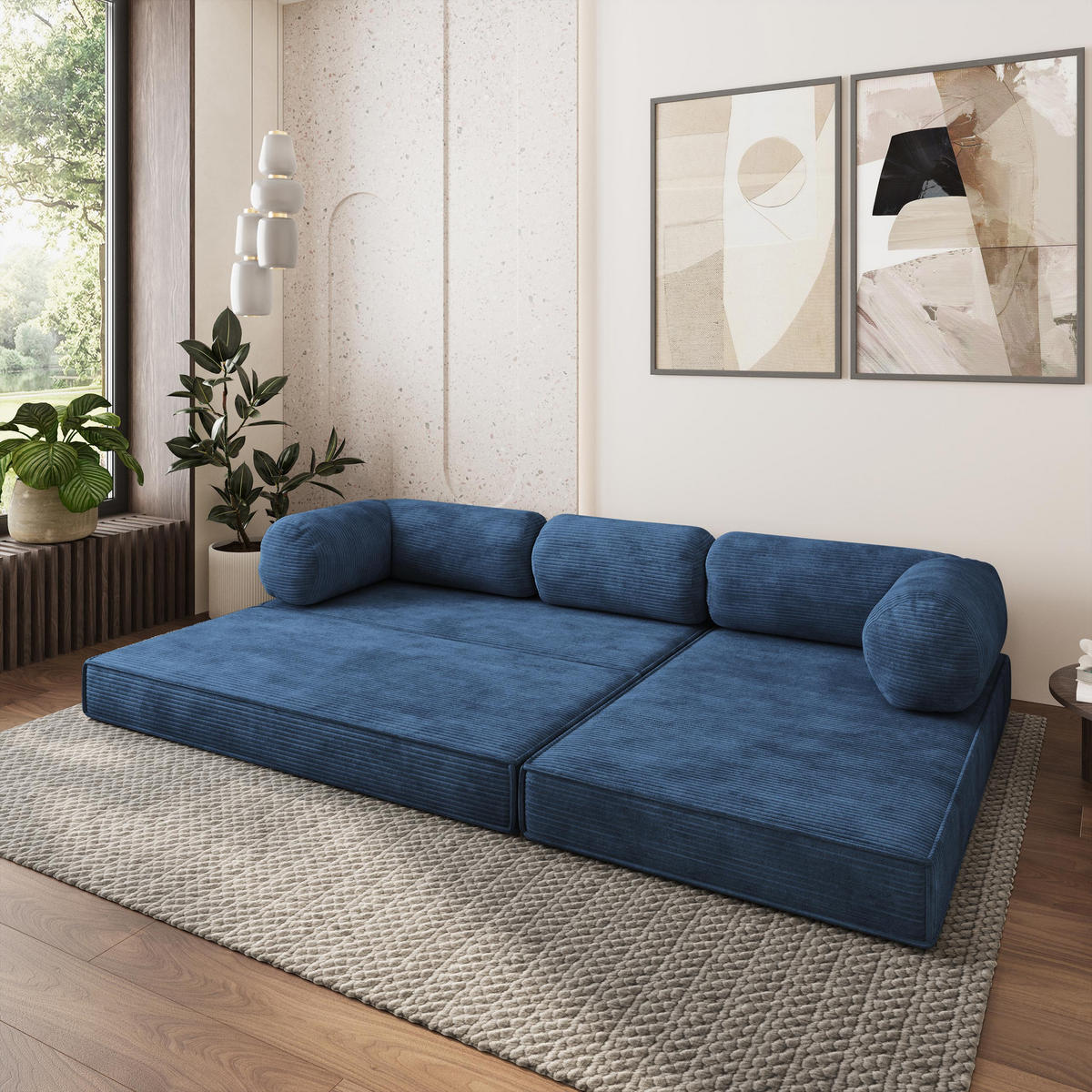 ROHOVÁ SEDAČKA ETERA modulární Boneless pohovka s funkcí spaní, modrá POSO 05 - modrá, textil (270/160cm) - MASSENO