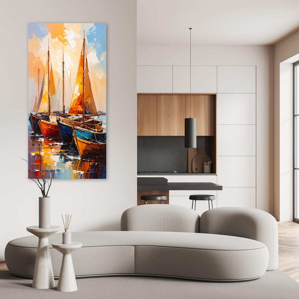 LEINWANDBILD Schiffe Boote im Hafen 40x80cm - Multicolor, Textil (40/80cm) - Feeby