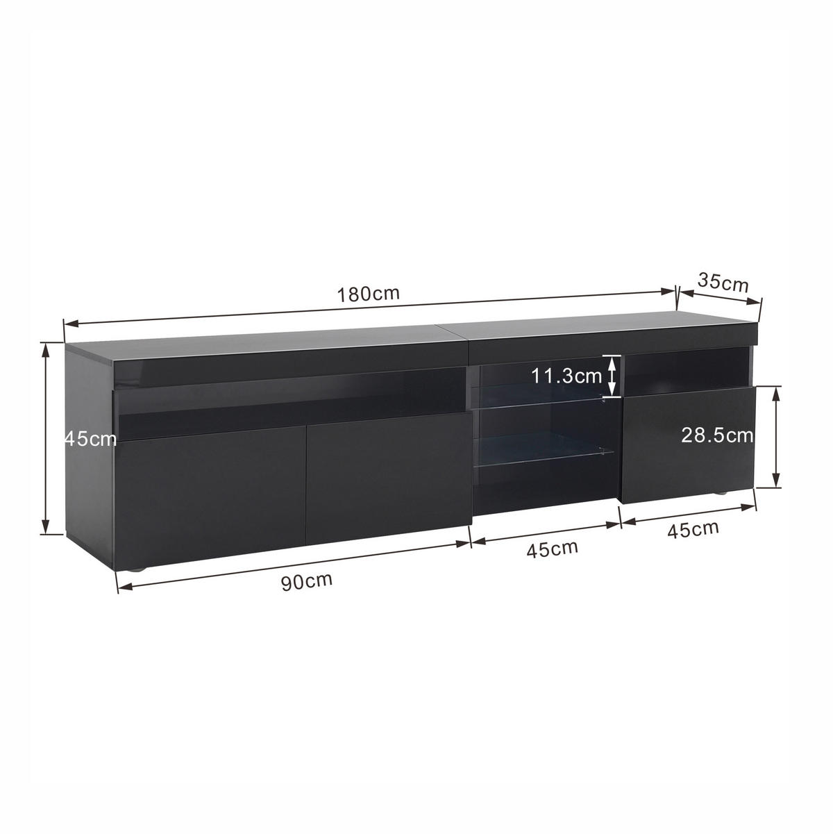 LOWBOARD 180/48/35 cm aus MDF mit Glaslaminat und variabler LED-Beleuchtung Schwarz - Schwarz, Holzwerkstoff (180/48/35cm) - Modenvie