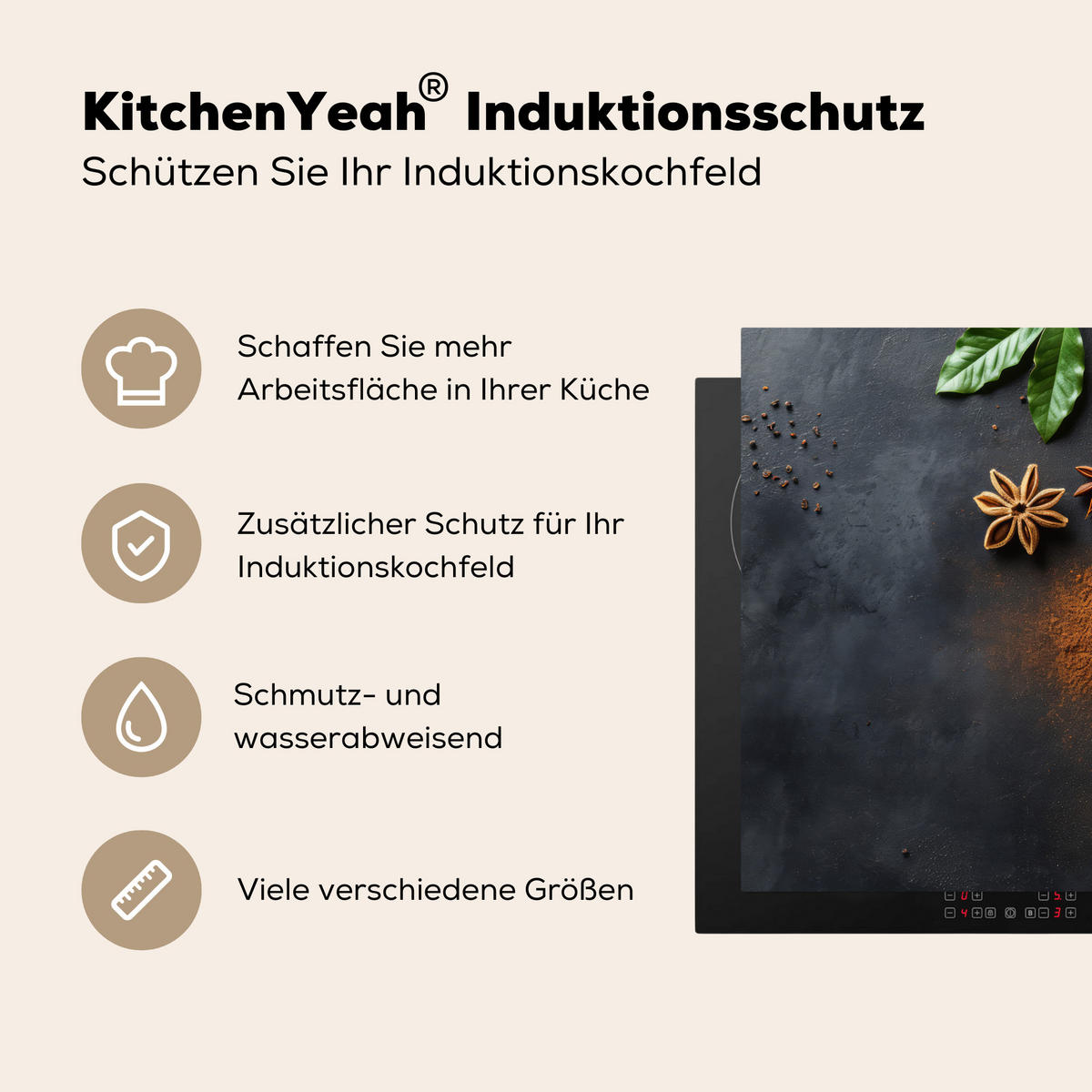 HERDABDECKPLATTE Zimt - Beton - Kaffee - Zimtstangen - Gewürze 77x59 cm - Mokka, Kunststoff (77/0.2/59cm) - MuchoWow