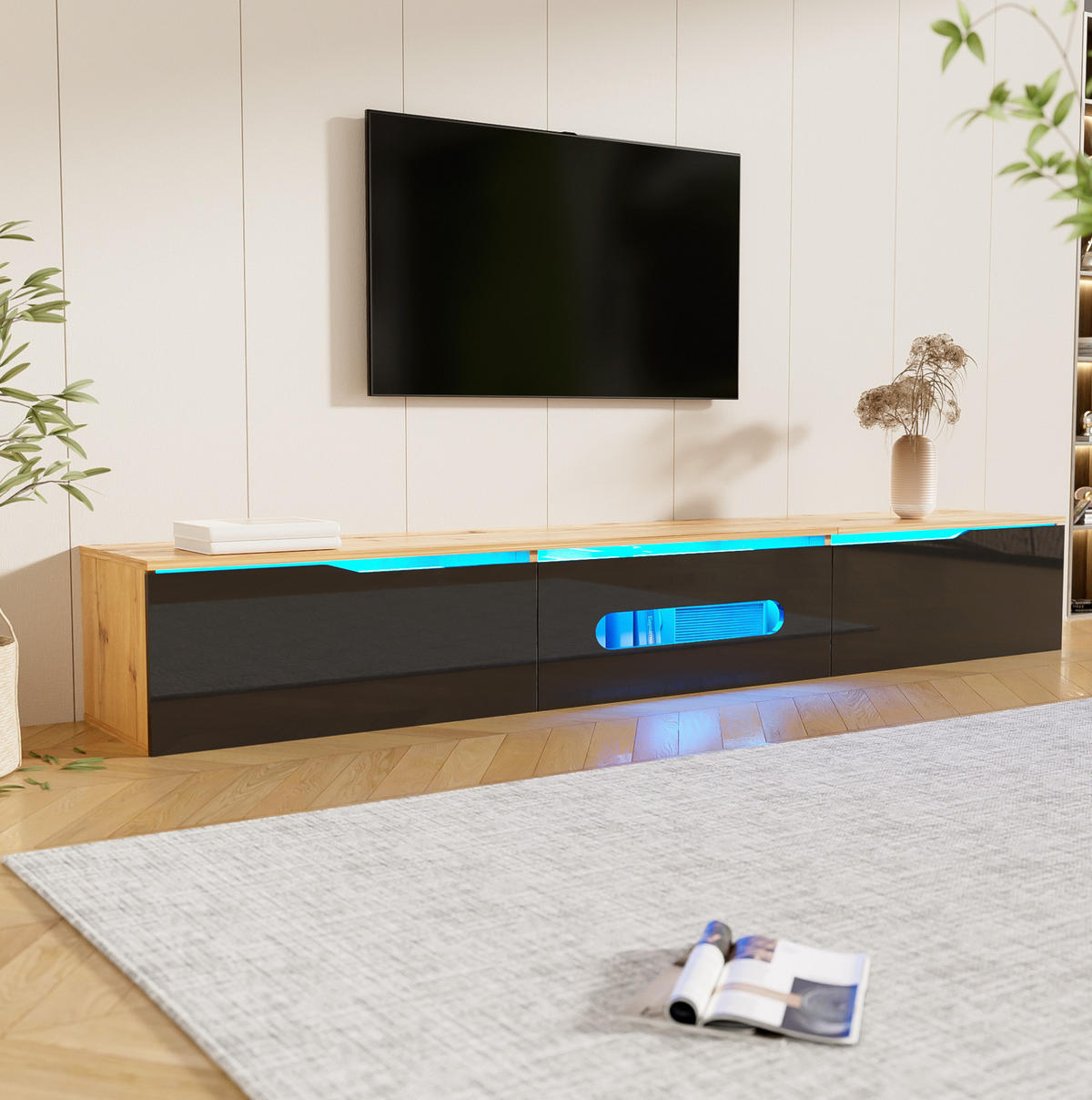 TV-SCHRANK Hochglanz in Schwarz und Holzfarbe 180/35/30 cm - Schwarz, Holzwerkstoff (180/30/35cm) - Redom