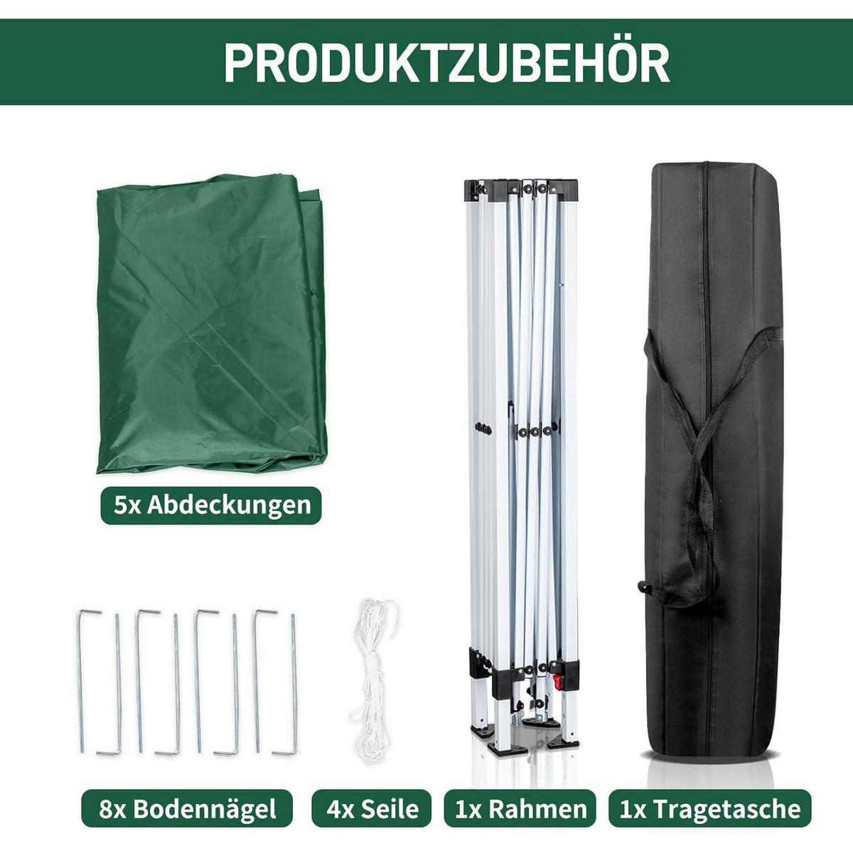 FALTPAVILLON 2 x 2 m Grün UV-Schutz 50+ Wasserdicht Höhenverstellbar mit 4 Seitenteilen - Grün, Textil (200/255/200cm)