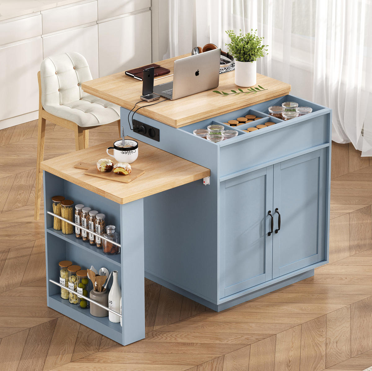 KÜCHENINSEL 125.5-187.5x71x93 cm Blau mit LED-Beleuchtung & Ladestation - Blau, Holzwerkstoff (187.5/93/71cm) - Modfu