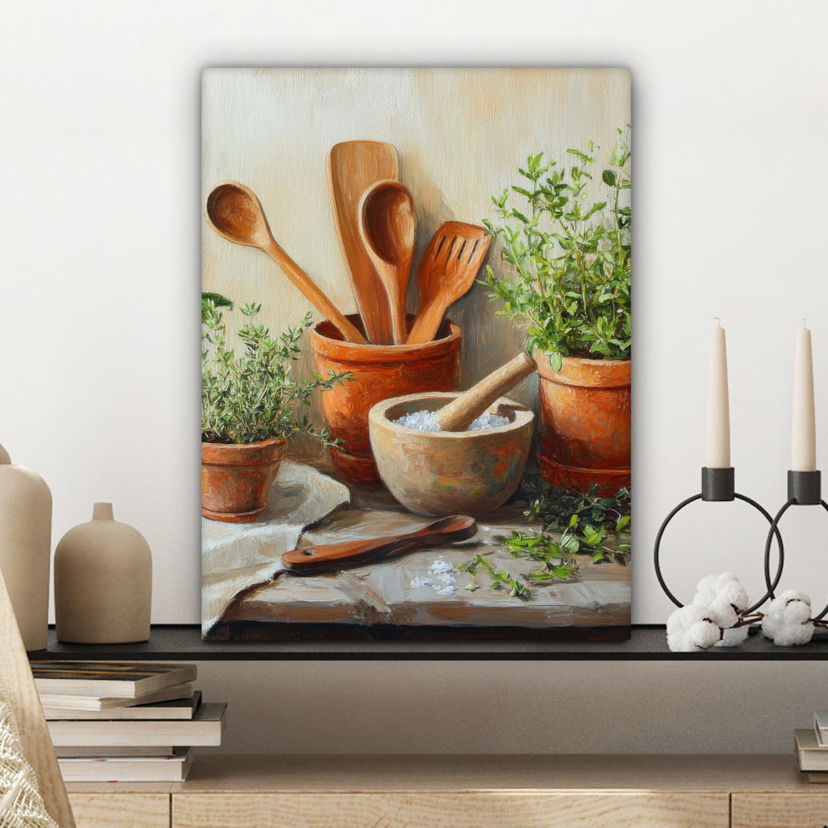 LEINWANDBILD Töpfe - Kräuter - Holz Room Decor 30x40 cm - Terracotta, Textil (30/40cm) - MuchoWow