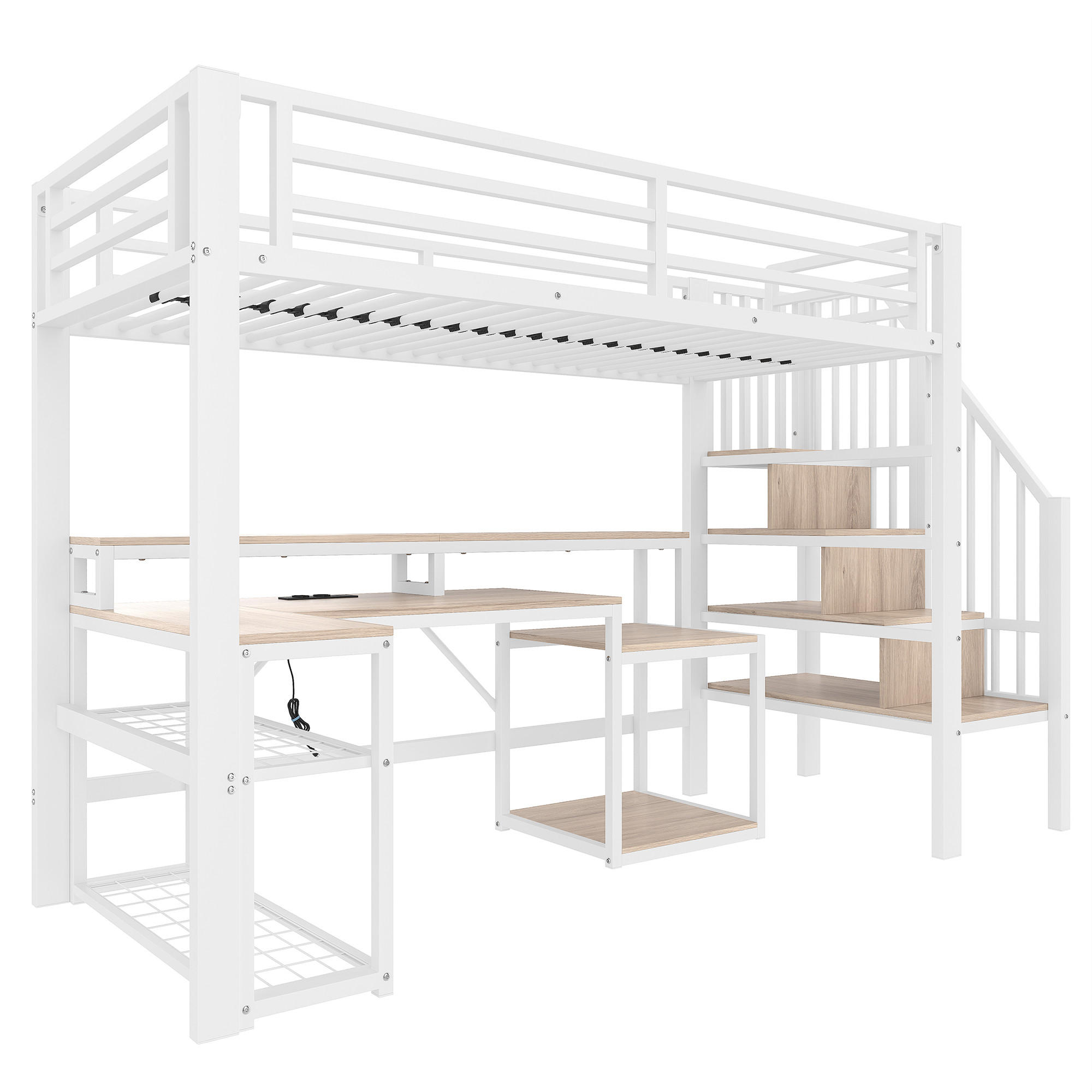 HOCHBETT 90/200 cm in Weiß mit Treppe, Stauraum, Regal, Schreibtisch, LED und USB Metall Modern - Weiß, Holzwerkstoff/Metall (90/200cm) - STILVORA