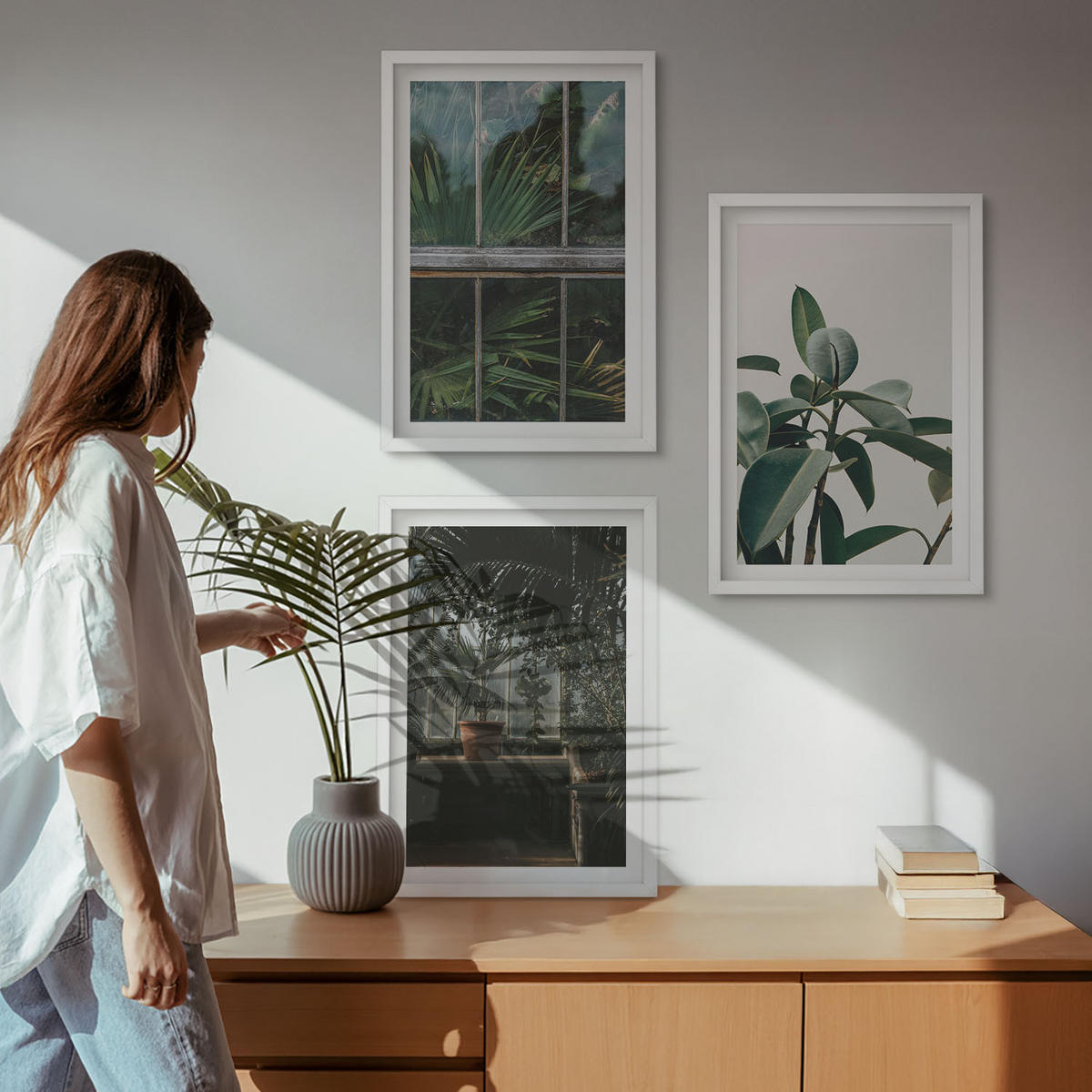 WANDBILDER 3er-Set - 40x60 cm Weißer Rahmen - Grüne Blätter an der Fensterpflanze - Weiß, Kunststoff (40/60cm) - ArtPrintCave