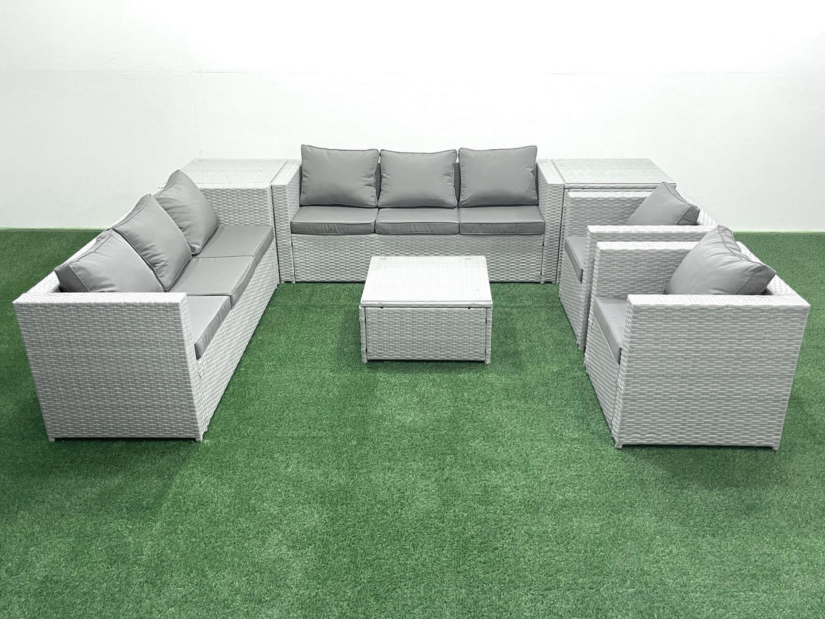 GARTENMÖBEL-SET mit Kissen Polyrattan Hellgrau-Mix 8-Sitzer - Hellgrau/Grau, Glas/Kunststoff - Fimous