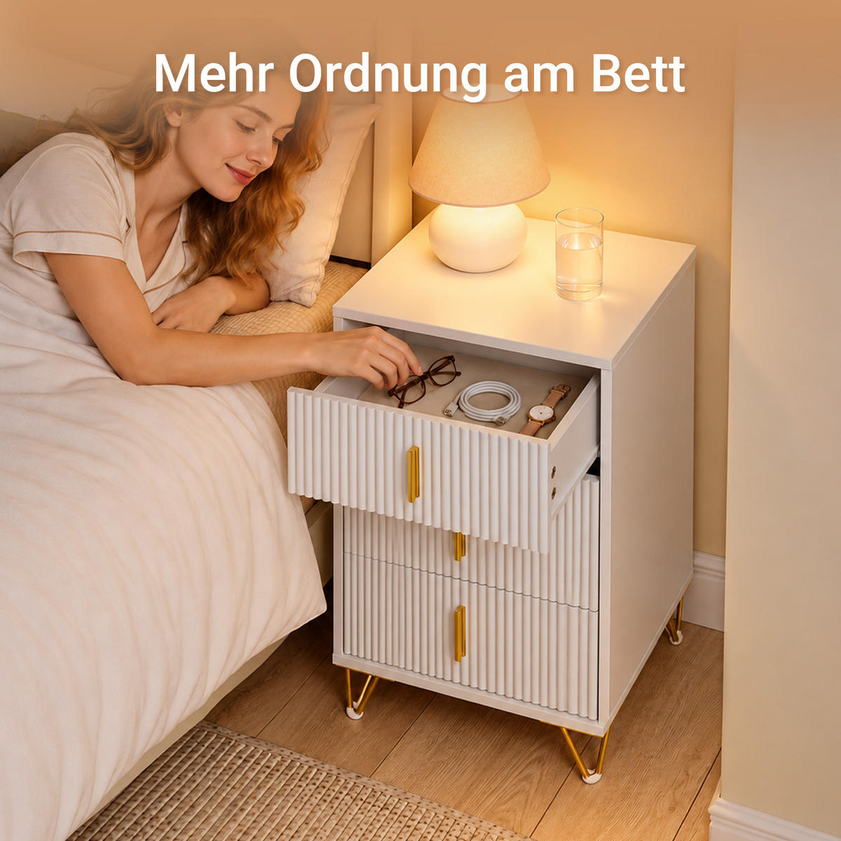 NACHTTISCH mit 3 schubladen, Weiß 40x40x63 cm - Weiß, Holzwerkstoff/Metall (40/63/40cm) - SoBuy