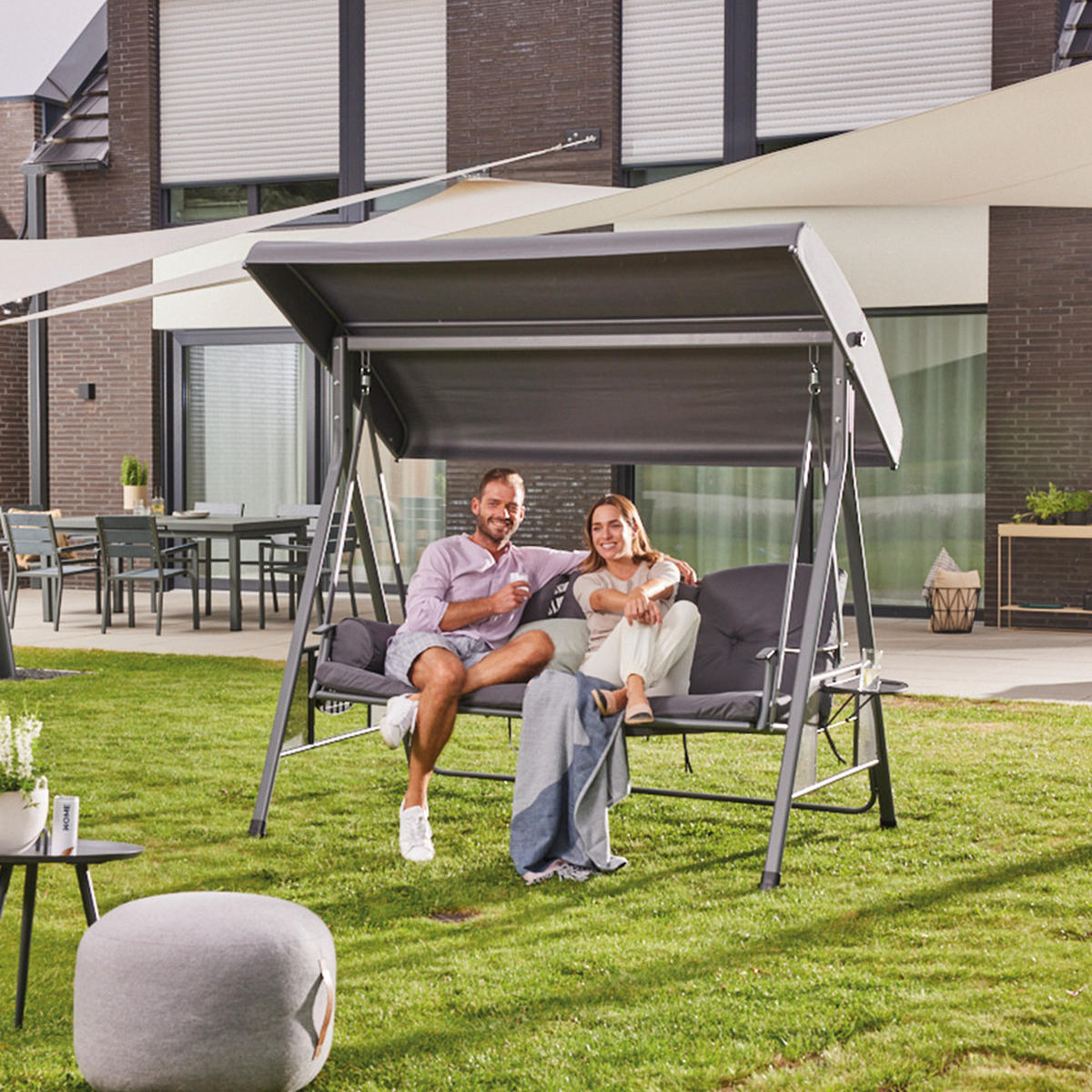 HOLLYWOODSCHAUKEL DESCANSO - Grau, Ohne Regenabdeckung - Grau, Textil/Metall (115/195/198cm) - Home Deluxe