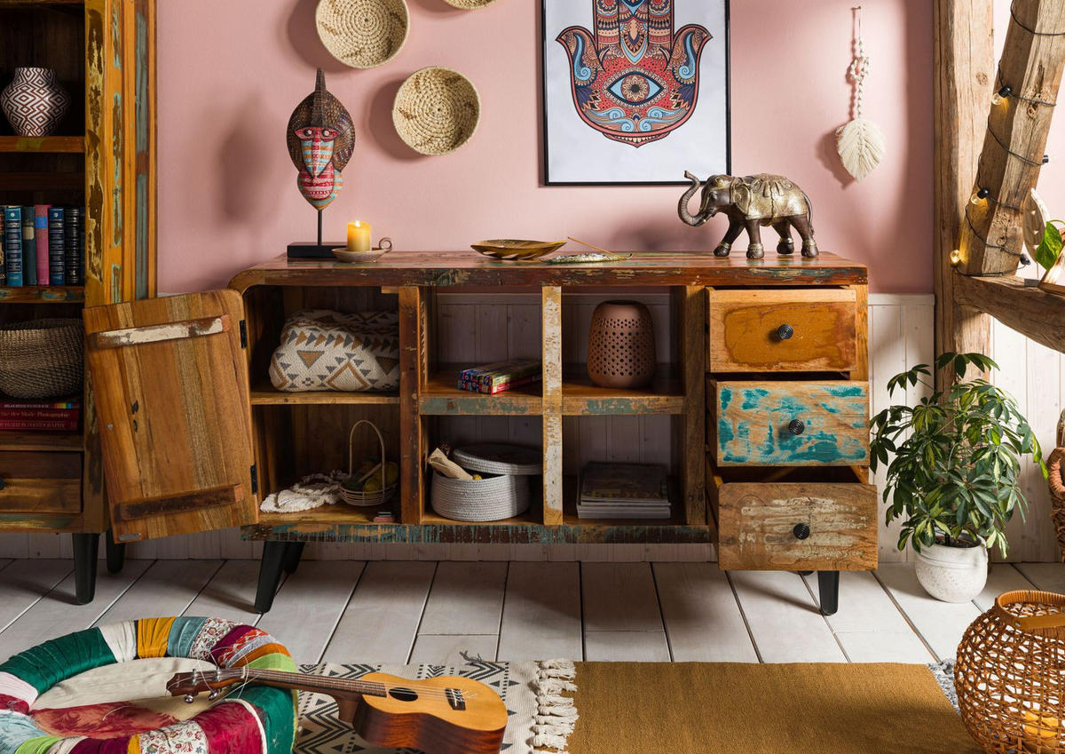 SIDEBOARD Altholz 150x40x86 mehrfarbig lackiert SIXTIES #101 - Multicolor, Holz (150/86/40cm) - Massivmoebel24
