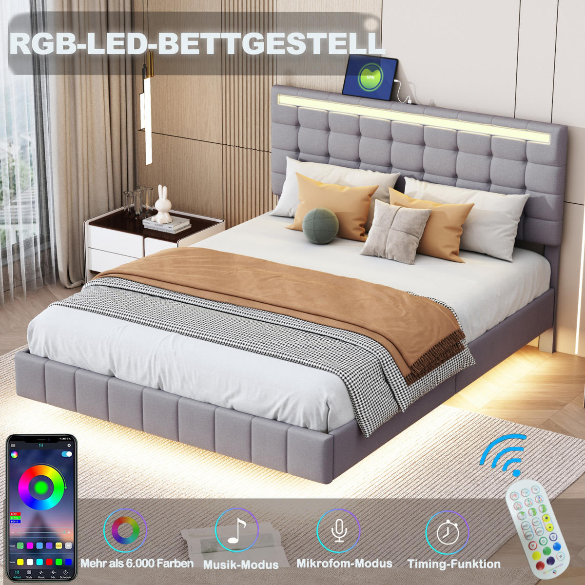 POLSTERBETT 140x200 cm, Grau, mit LED-Beleuchtung & USB - Grau, Textil/Metall (160/200cm)