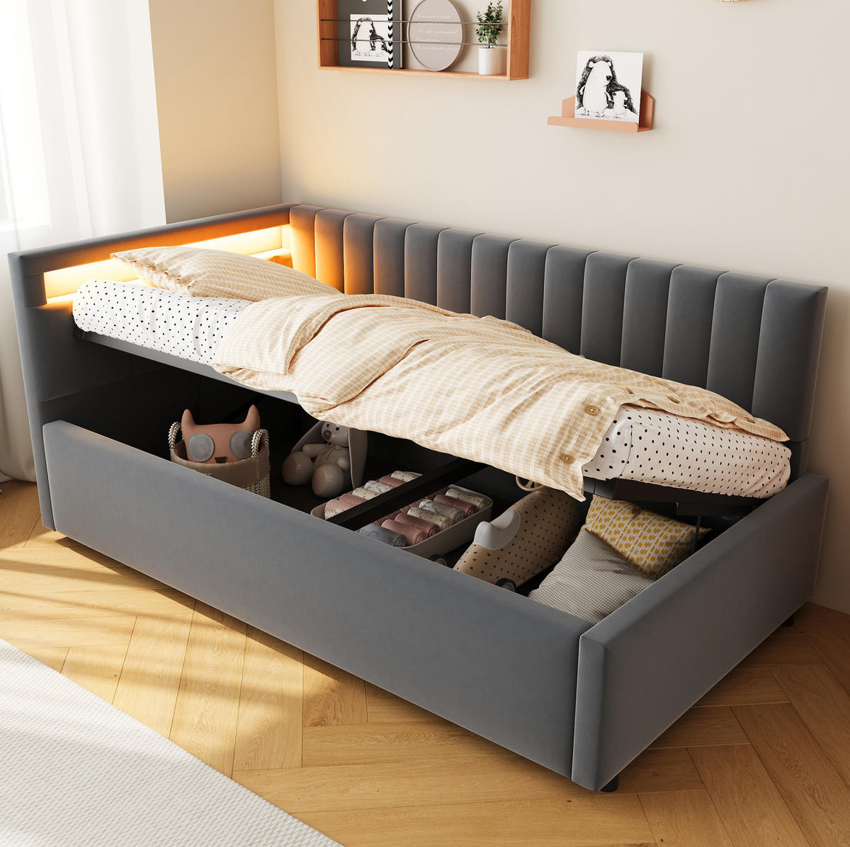 POLSTERBETT Schlafsofa 90/200 cm Grau aus Samt mit LED und Stauraum - Grau, Textil (90/200cm) - OKMYHOME