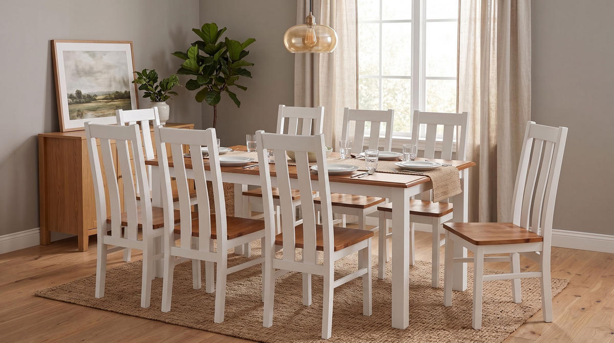 ESSZIMMER-SET Belluno Elegante 9-tlg Kiefer Weiß / Gebeizt Eiche 150-197 / 93 / 96cm - Eichefarben/Weiß, Holz (197/96/93cm) - Feldmann-Wohnen