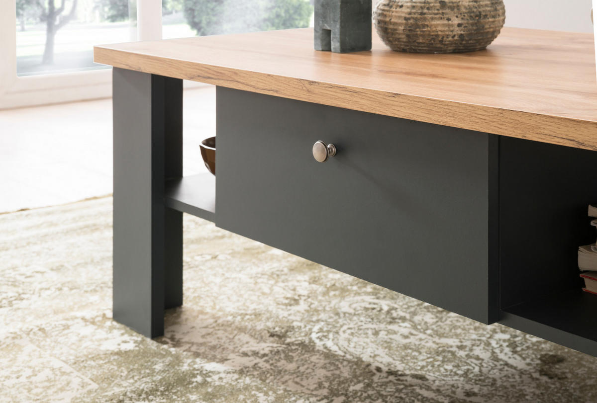 COUCHTISCH grau, Eiche Wotan, Landhaus 110 x 70 cm, Beistelltisch mit Soft-Close - Silberfarben/Eiche Wotan, Holzwerkstoff/Kunststoff (110/70/45cm) - Furn.Design
