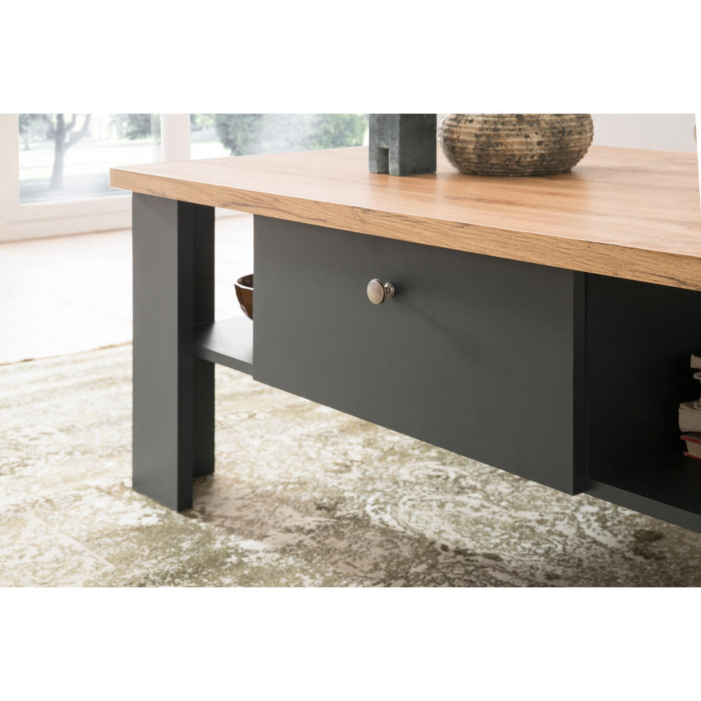 Thumbnail - Furn.Design Couchtisch, Grau, Eiche Wotan, Metall, Nachbildung,Eiche, Uni, Holz Optik, 2 Schubladen, Rechteckig,Rechteck...