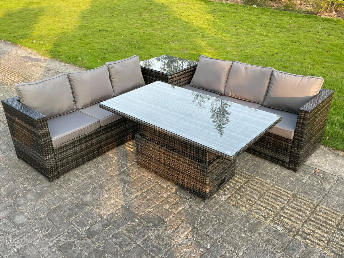 LOUNGESOFA SET mit Stuhl Polyrattan 6-Sitzer - Dunkelgrau/Grau, Glas/Kunststoff - Fimous