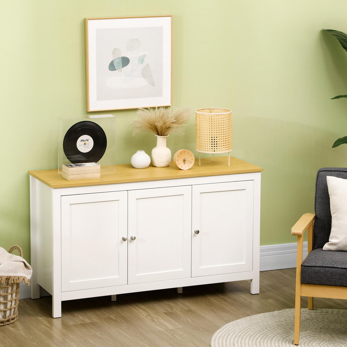 SIDEBOARD Weiß und Eiche-Nachbildung, 3 Türen, 120/40/70 cm - Weiß, Holz (120/70/40cm) - PANGIVO