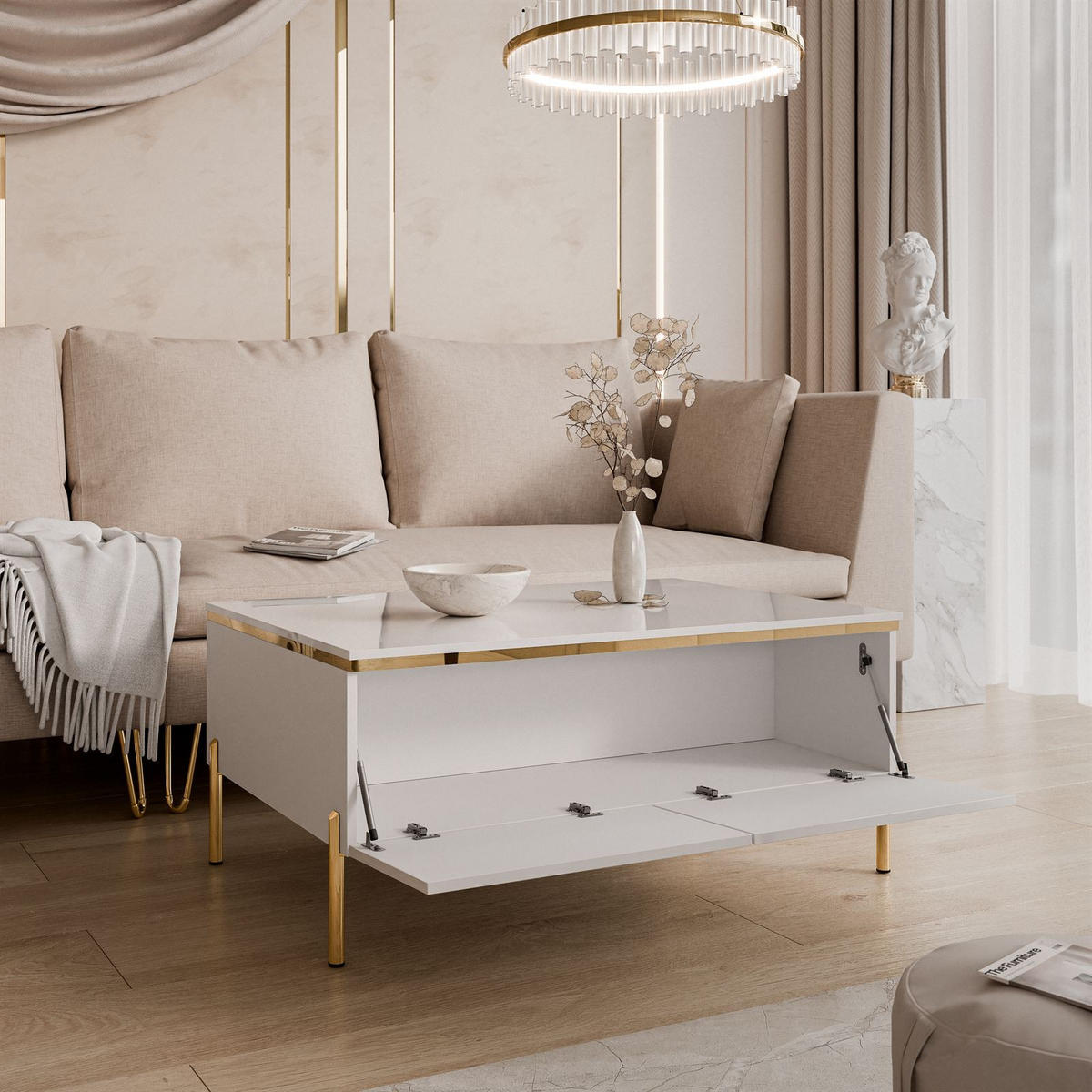 COUCHTISCH AURORA mit Staufach Weiß / Weiß hochglanz mit gerade Goldchrom Fuße - Weiß Hochglanz/Goldfarben, Holzwerkstoff/Metall (60/90/40cm) - Lookway