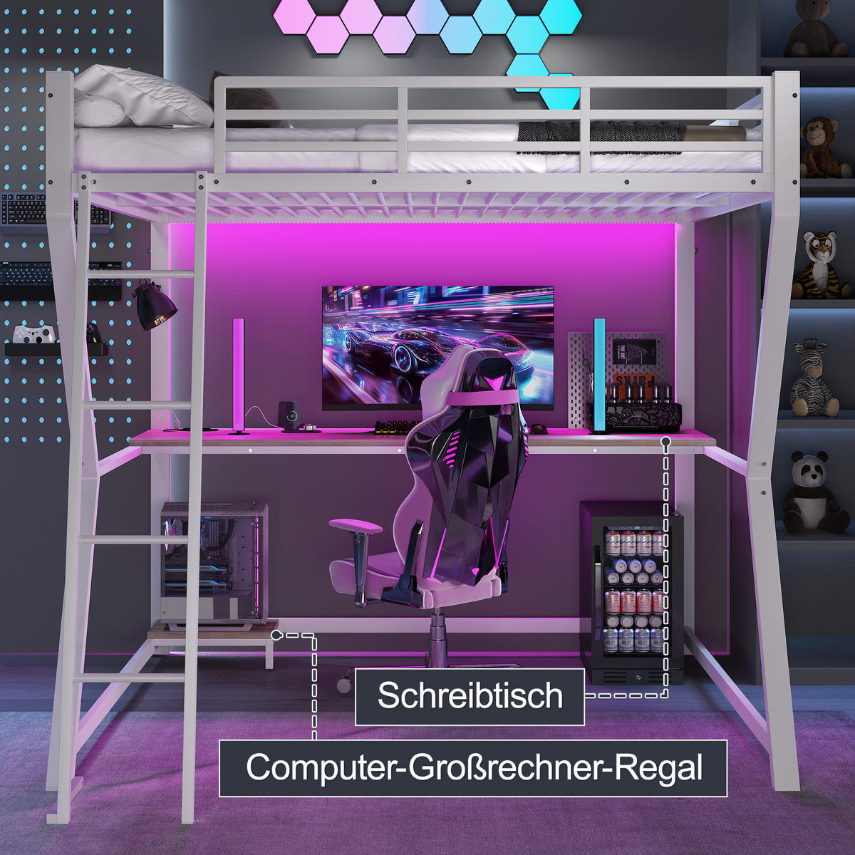 HOCHBETT 140/200 cm Weiß aus Metall mit Schreibtisch und LED-Lichtleiste - Weiß, Metall (140/200cm) - OKMYHOME