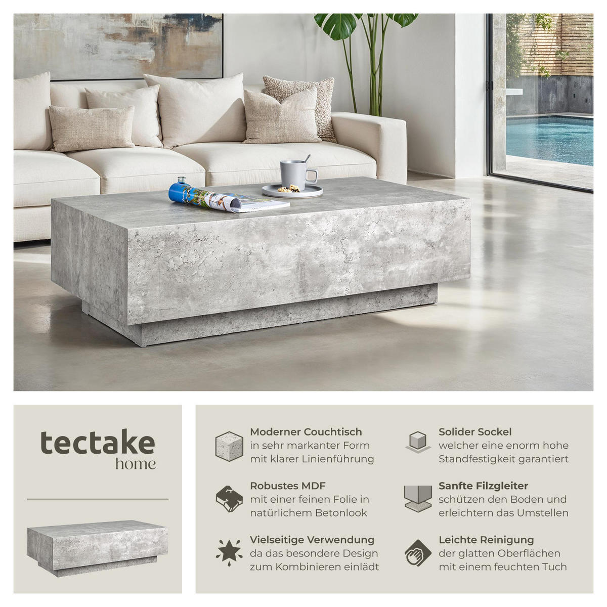 COUCHTISCH Lasley,120 x 60 x 35 cm,Beton Optik - Grau, Holz (60/120/35cm) - tectake