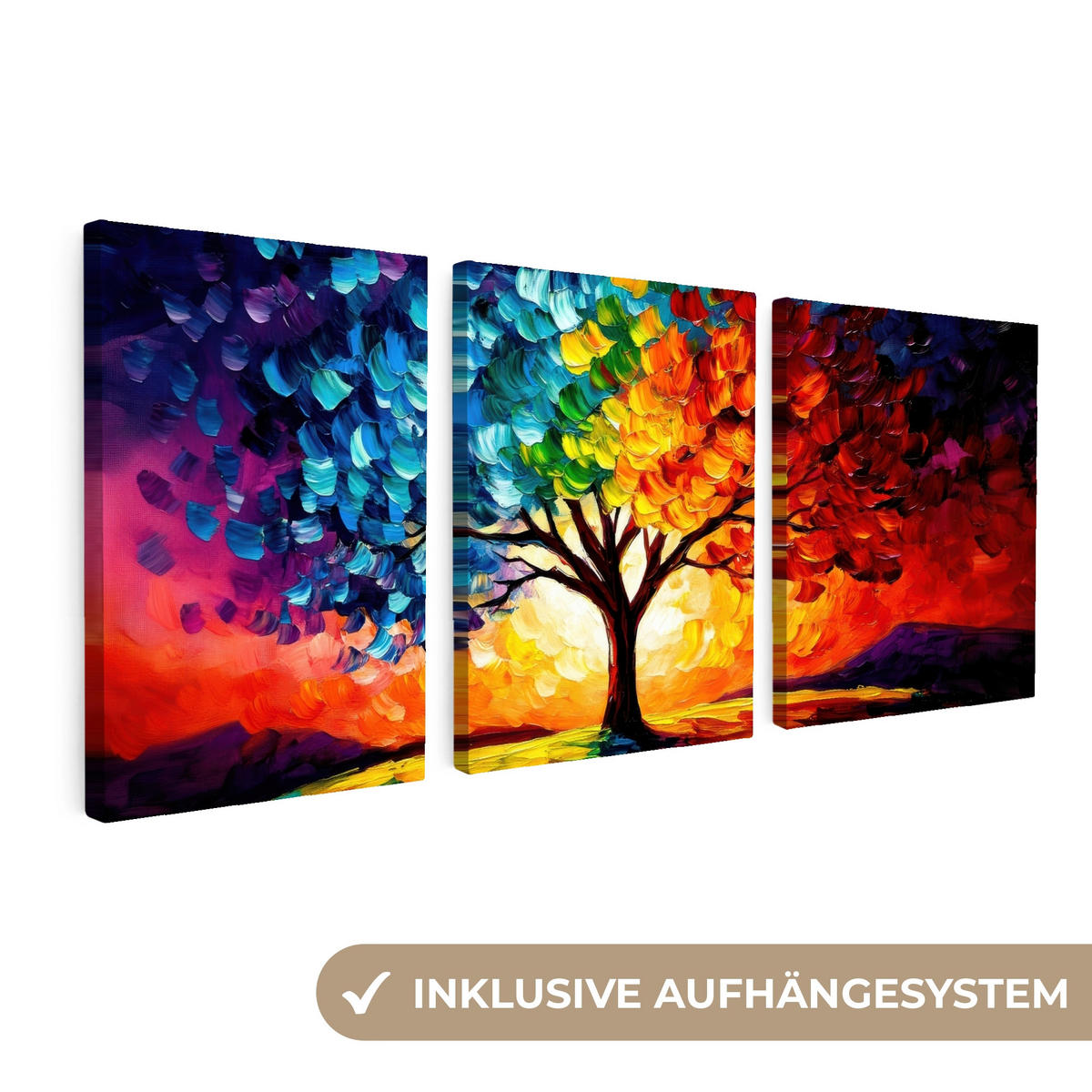 LEINWANDBILD 3er Set Baum - Farbenfroh - Malerei-Look - Abstrakt 90x40 cm - Multicolor, Textil (90/40cm) - MuchoWow