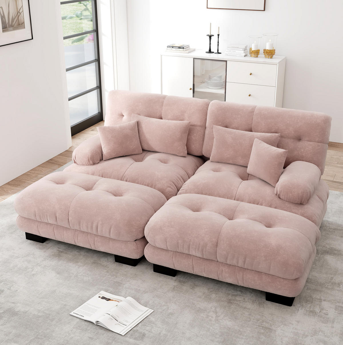 SOFA modular mit Ottomans Chenille Pink - Pink, Kunststoff (145/81/220cm) - Meubliv