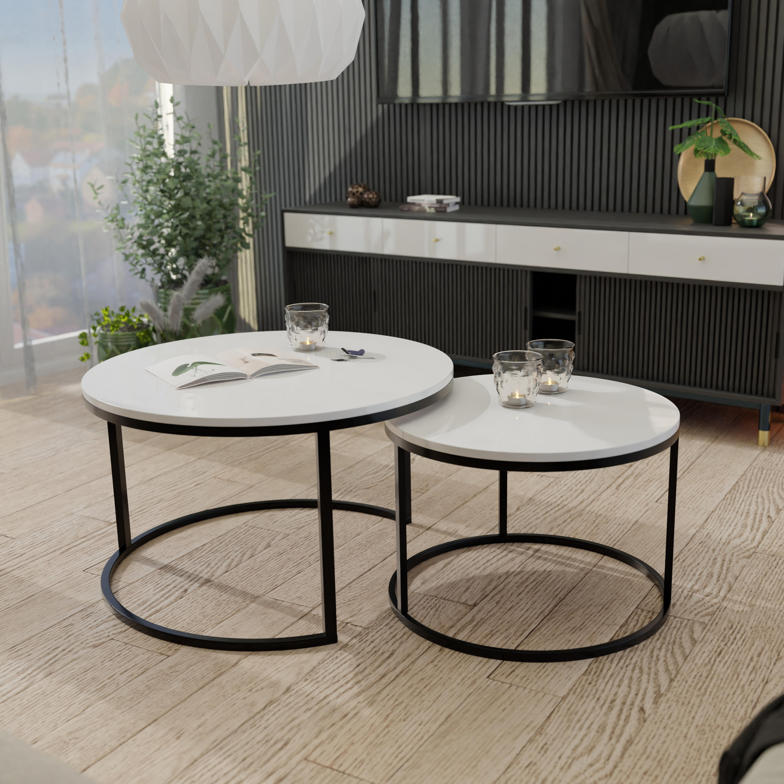 COUCHTISCH rund Klein, Weißglanz, Rahmen Schwarz - Schwarz/Weiß, Holzwerkstoff (70/70/48cm) - Idohome