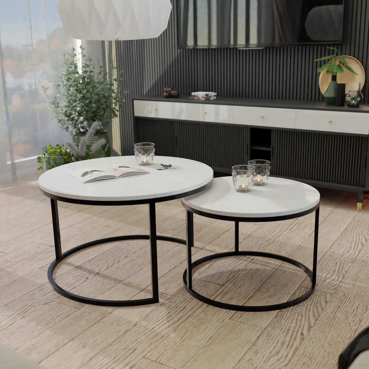 COUCHTISCH rund Groß, Weißglanz, Rahmen Schwarz - Schwarz/Weiß, Holzwerkstoff (80/80/48cm) - Idohome