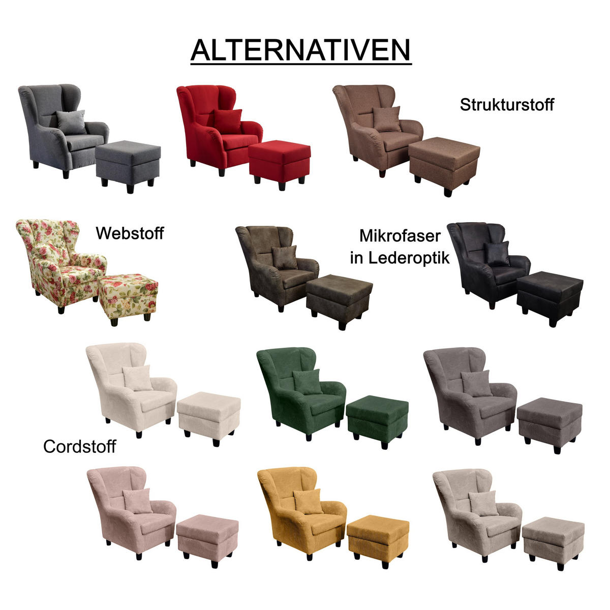 OHRENSESSEL mit HOCKER, hoher Sitzkomfort durch Wellenunterfederung B90/H98/T76 cm, Strukturstoff Rot / 18002 - Rot/Schwarz, Holz/Textil (90/98/76cm) - luma-home