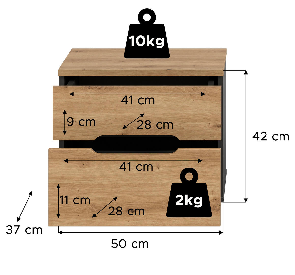 NACHTTISCH 2er Set Eiche Artisan, grau, Nachtkommode mit Schubkästen - Eiche Artisan/Grau, Holzwerkstoff/Metall (50/42/37cm) - Inn.Furn