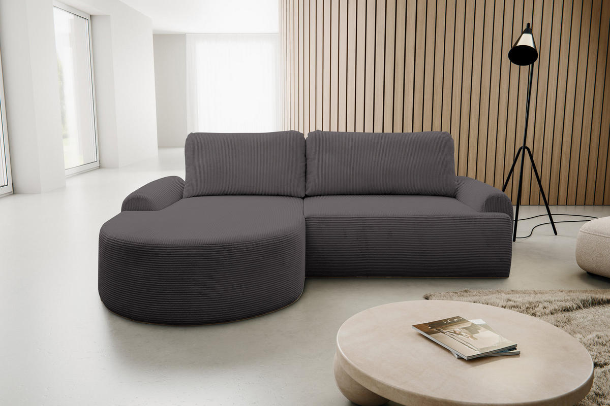ECKSOFA Dream Cord in L-Form mit Schlaffunktion und Bettkasten, Farbe: Grau, Cordstoff, Ottomane Links - Grau, Textil (136/260cm) - VENASI MÖBEL
