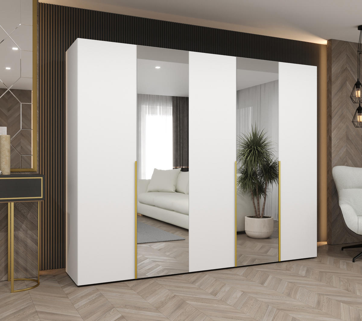 DREHTÜRENSCHRANK 202/250/52 5-türig - Goldfarben/Weiß, Holz (250/202/52cm) - Abiks Möbel