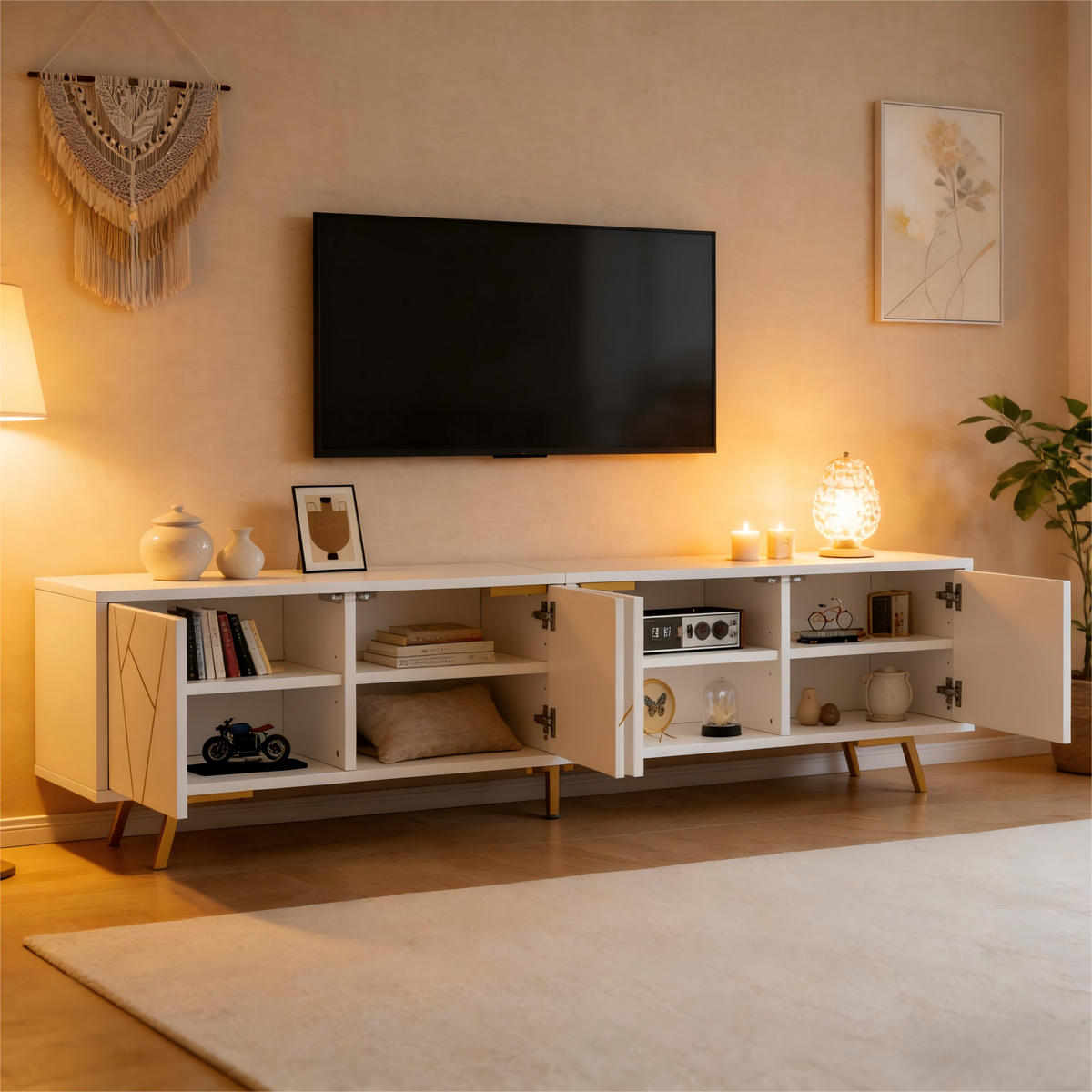 TV-LOWBOARD 190x40x51.5 cm Weiß Gold 4 Türen 5 Metallbeine - Weiß, Holzwerkstoff (40/51.5/190cm) - FLIEKS