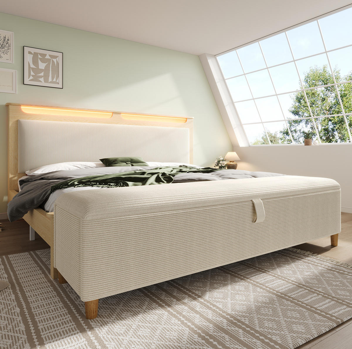 POLSTERBETT 140/200 cm aus Holz und Cordstoff mit LED-Beleuchtung, Stauraum-Kopfteil und Bettbank, Eichefarben/Beige - Beige, Textil (140/200cm) - Redom