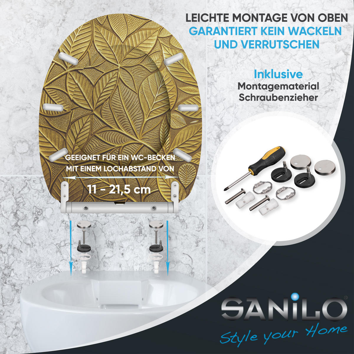 WC-SITZ mit Absenkautomatik & Top Fix Bractea - Goldfarben, Holzwerkstoff (37.7/5.5/48cm) - Sanilo