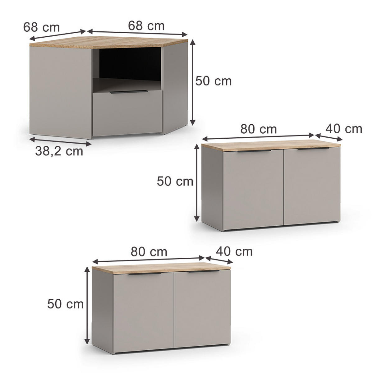 WOHNWAND Wido Greige 3 Teile - Greige/Sonoma Eiche, Holzwerkstoff (68/50/68cm) - Vicco
