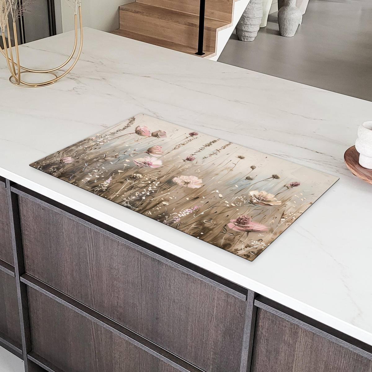 HERDABDECKPLATTE Blumen - Beige - Trockenblumen 89x51 cm - Beige, Kunststoff (89.6/51.6/0.2cm) - MuchoWow