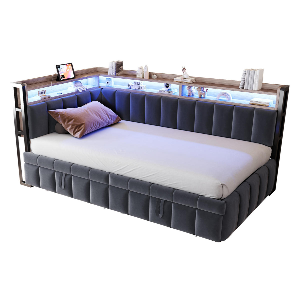 POLSTERBETT Schlafsofa aus Samt 90x200 cm Grau mit Ausziehbett, LED-Beleuchtung, USB- und Typ-C-Anschlüssen - Grau, Textil (90/200cm) - Modfu