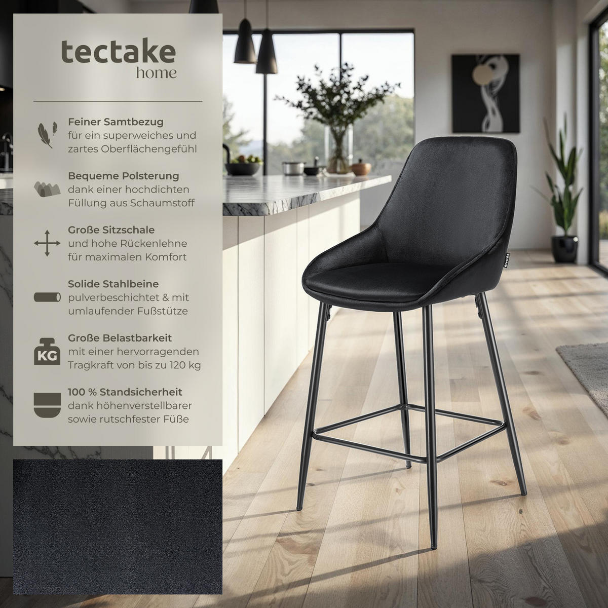 THEKENSTUHL Siera,49 x 54 x 100 cm, Belastbarkeit 120 kg,Samtoptik schwarz/schwarz - Schwarz/Samtahornfarben, Kunststoff (49/100/54cm) - tectake