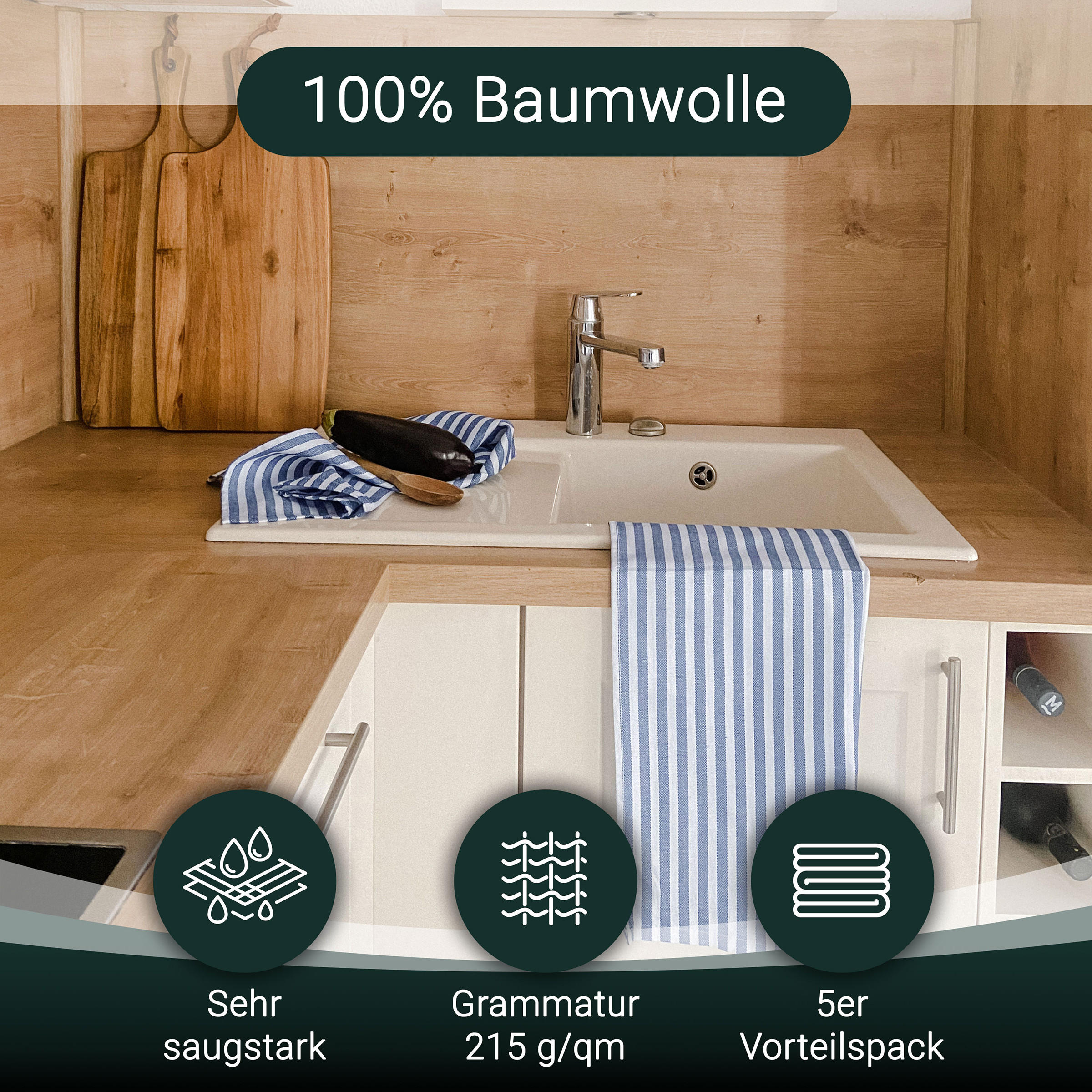 GESCHIRRTÜCHER, 5er-Set, 50x70 cm, 100% Baumwolle, Blau - Blau, Textil (50/70cm) - Zollner