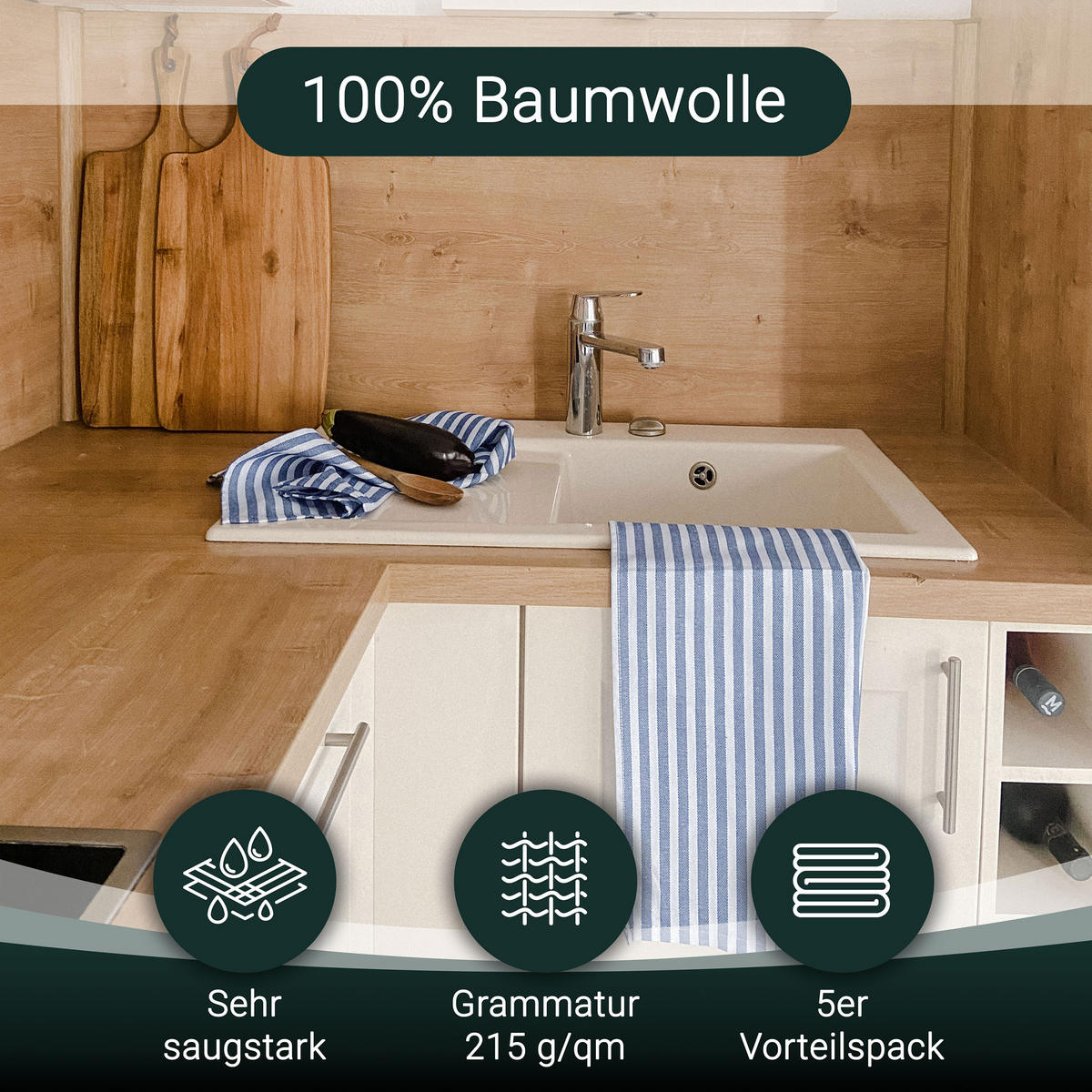 GESCHIRRTÜCHER, 5er-Set, 50x70 cm, 100% Baumwolle, Blau - Blau, Textil (50/70cm) - Zollner