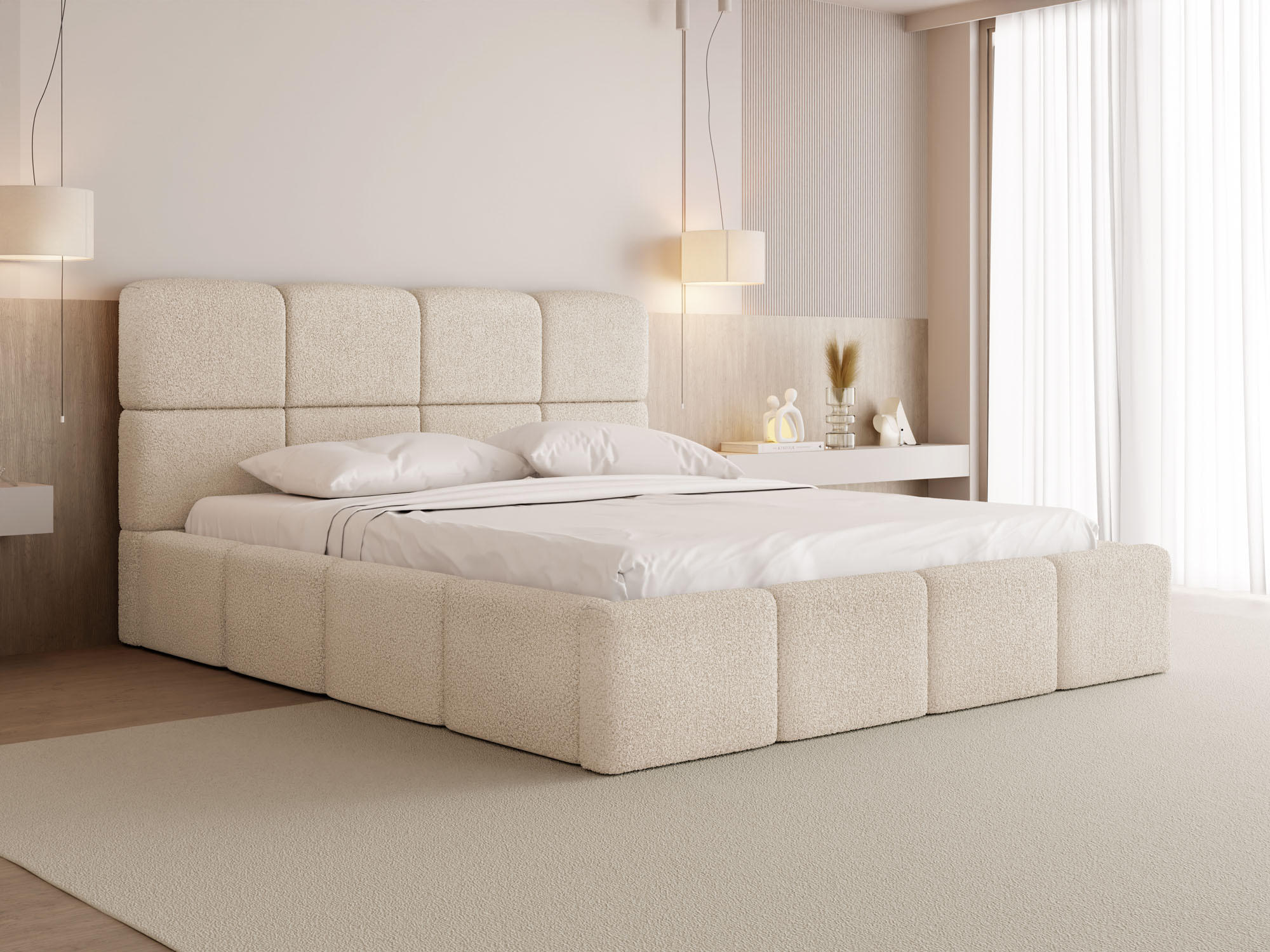 POLSTERBETT Tivio mit Bettkasten, Beige Boucle 200x200 cm - Beige/Birkefarben, Holz/Holzwerkstoff (200/200cm) - WFL GROUP