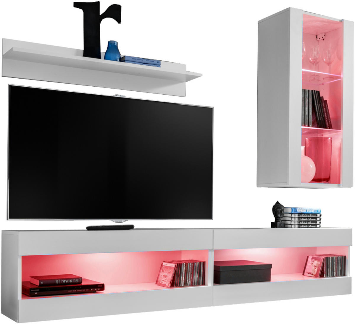 WOHNWAND 4-er Set, TIVOLI SET5 mit mehrfarbige LED RGB Beleuchtung Weiß + Weiß, Offener Raum - Weiß, Glas/Holzwerkstoff (240/195/35cm) - Komodee