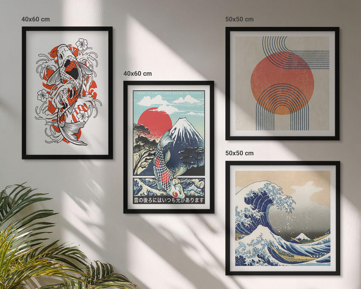 BILDER SET 4er Set - 50x50 cm & 40x60 cm Schwarzer Rahmen - Illustrationen von Fischbergen, die sich in Japan ausbreiten - Schwarz, Kunststoff (50/50cm) - TULUP