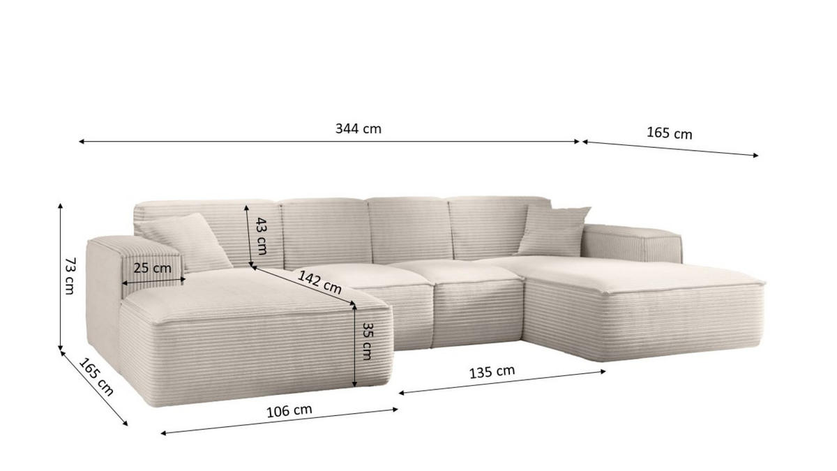 ECKSOFA, Eckcouch U form, Wohnzimmer Couch Large 342cm SIENA stoff Poso Beige - Beige, Holz/Textil (344/165cm) - Kaiser Möbel