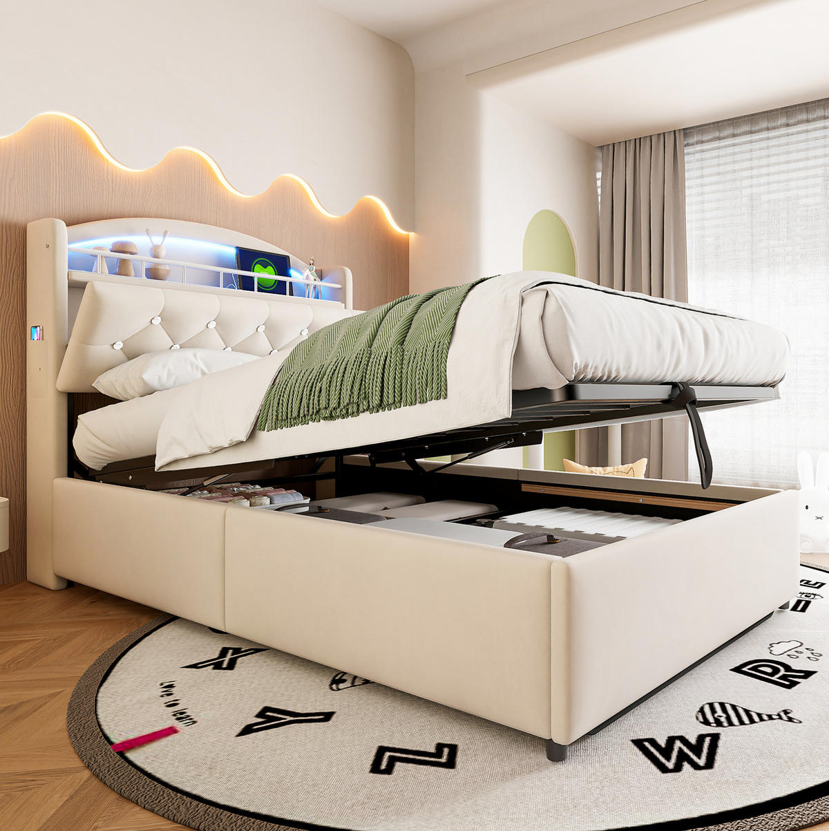 BETT mit Stauraum 90x200 cm Samt Beige mit LED und USB - Beige, Metall (90/200cm) - Meubliv