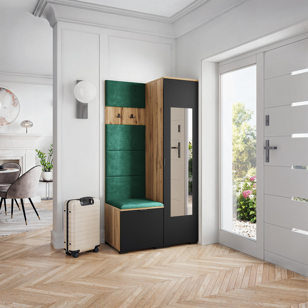 GARDEROBENSCHRANK VIRA 95/181/51 cm Modern Garderobe-Set Eiche Wotan - Eiche Wotan/Schwarz, Holzwerkstoff (95/181/51cm) - MASSENO