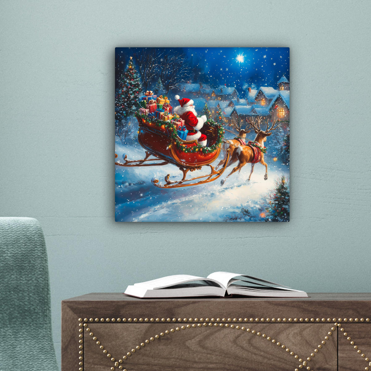 LEINWANDBILD Weihnachtsmann - Rentier - Weihnachten - Schnee 20x20 cm - Cognac, Textil (20/20cm) - MuchoWow